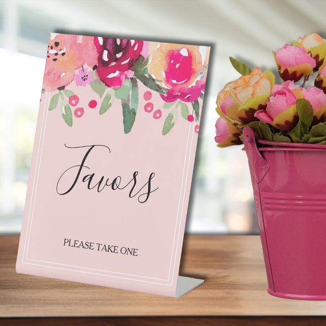 Romantic Pink Floral Bridal Shower Favours Pedestal Sign (Romantic pink watercolor flowers bridal shower Favors tabletop pedestal sign)