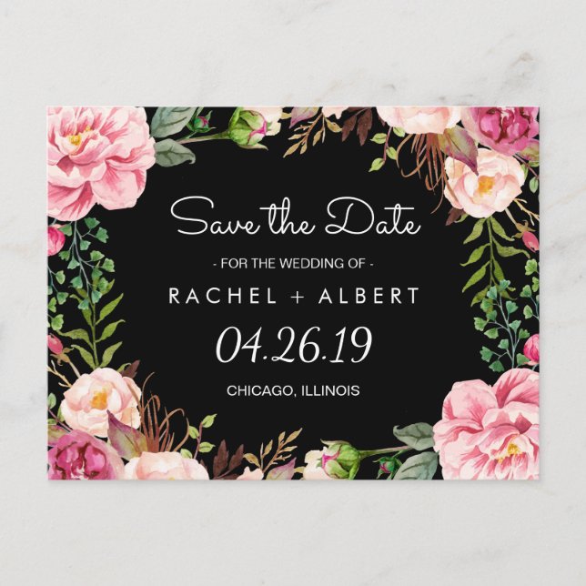 Romantic Pink Floral Classy Wedding Save the Date Announcement Postcard (Front)
