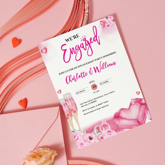 Romantic Pink Floral Engagement Party Engaged Invitation (romantic engagement party invitations we're engaged modern elegant floral engaged couple watercolor )