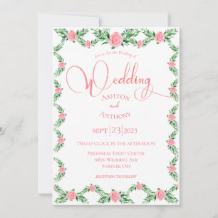 Romantic Pink Floral Greenery Typography Wedding I Invitation