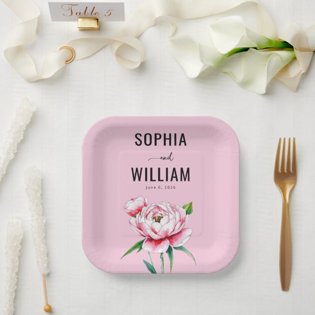 Romantic Pink Floral Illustration Paper Plate (Wedding)