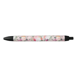 Romantic Pink Floral Watercolor Painting Black Ink Pen