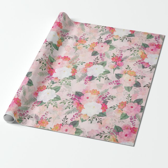 Romantic Pink Floral Watercolor Painting Wrapping Paper (Unrolled)