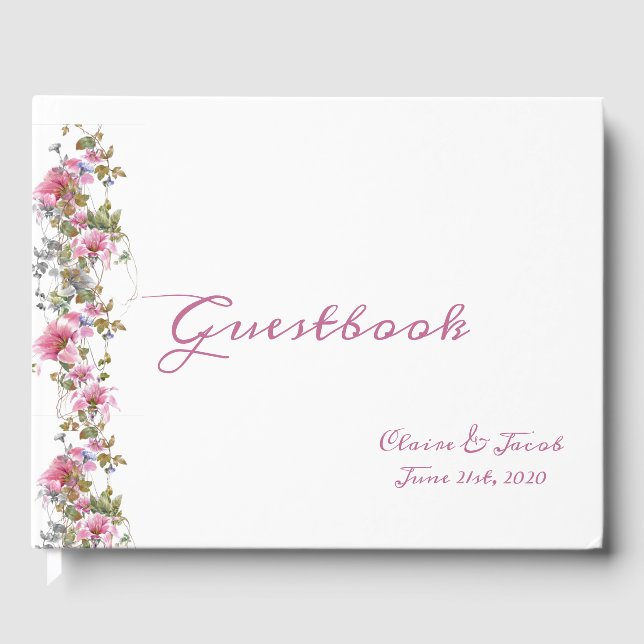 Romantic Pink Floral Watercolor Script Guest Book (Front)