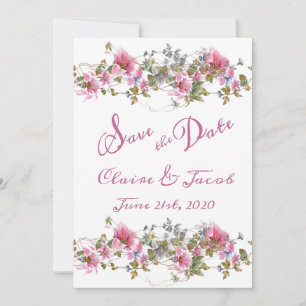 Romantic Pink Floral Watercolor Script Save The Date