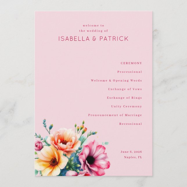 Romantic Pink Floral Wedding Ceremony Program (Front)