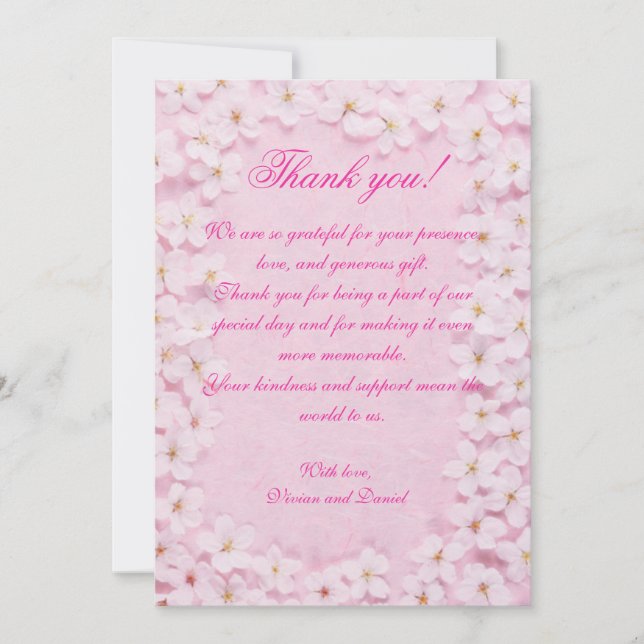 Romantic Pink Floral Wedding Thank You Card (Front)