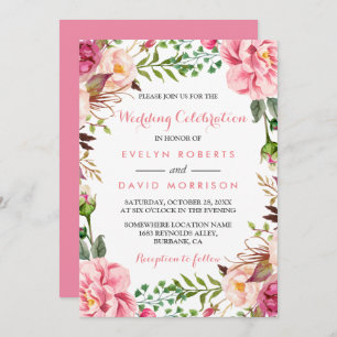 Romantic Pink Floral Wreath Wrap Formal Wedding Invitation