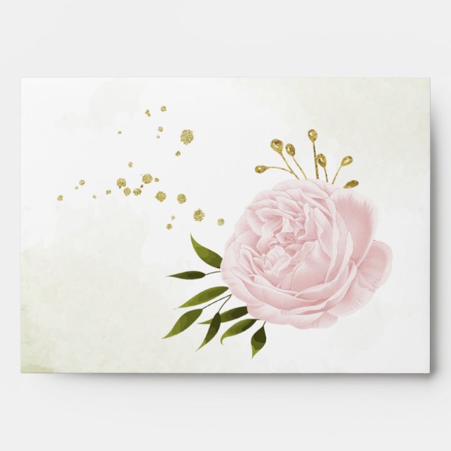 Romantic pink flower green leaves wedding envelope (Front)