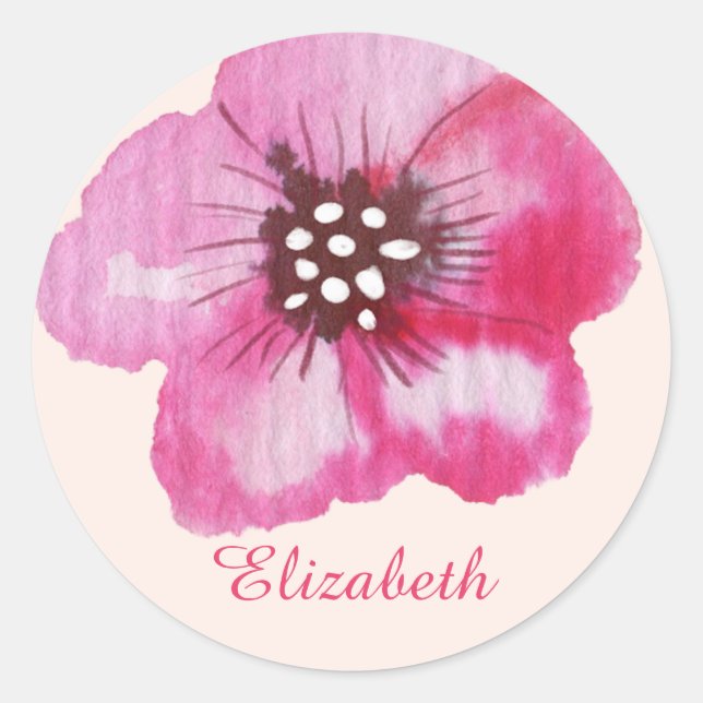 Romantic Pink Flower Watercolor Customisable Classic Round Sticker (Front)