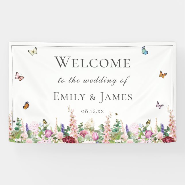 Romantic Pink Flowers & Butterflies Wedding Banner (Horizontal)