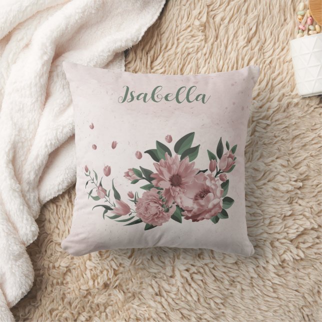 Romantic pink flowers & green leaves cushion (Blanket)