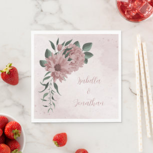 romantic pink flowers & green leaves napkin