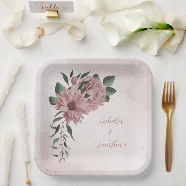 romantic pink flowers & green leaves paper plate (Wedding)