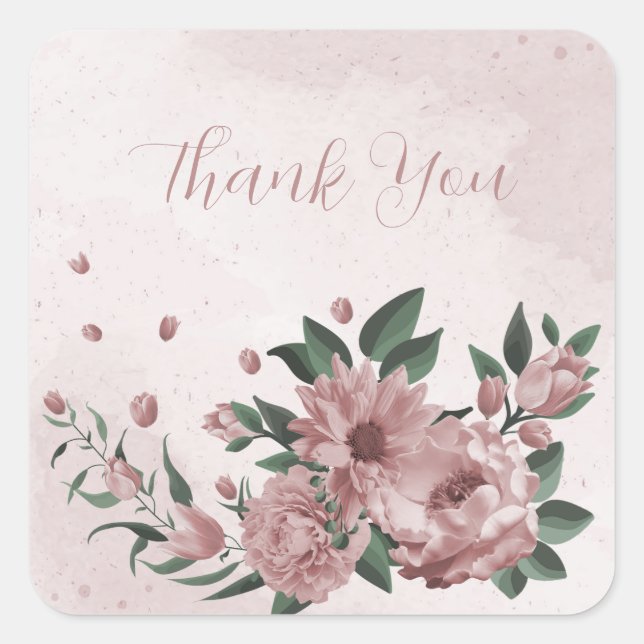 romantic pink flowers & green leaves square sticker (Front)
