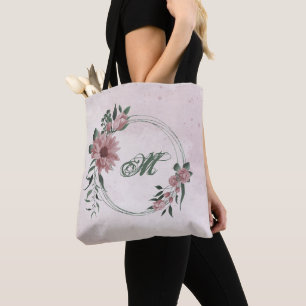 Romantic pink flowers & green leaves tote bag