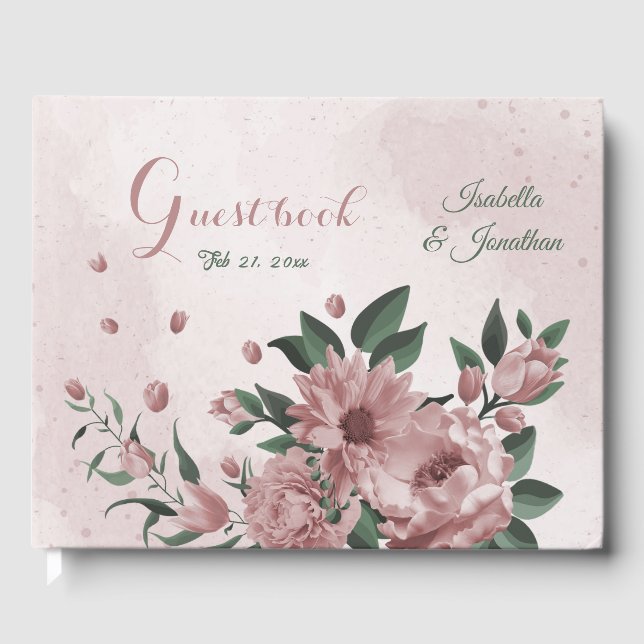 romantic pink flowers & green leaves wedding guest book (Front)