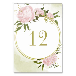 Romantic pink flowers greenery gold wreath table number