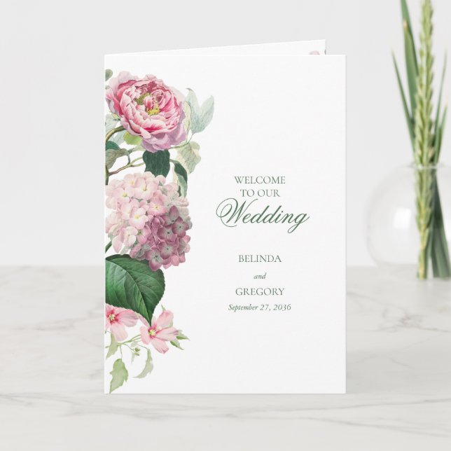 Romantic Pink Flowers Wedding Order of Service Program (Front)