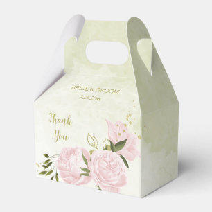 romantic pink flowers with green leaves wedding favour box