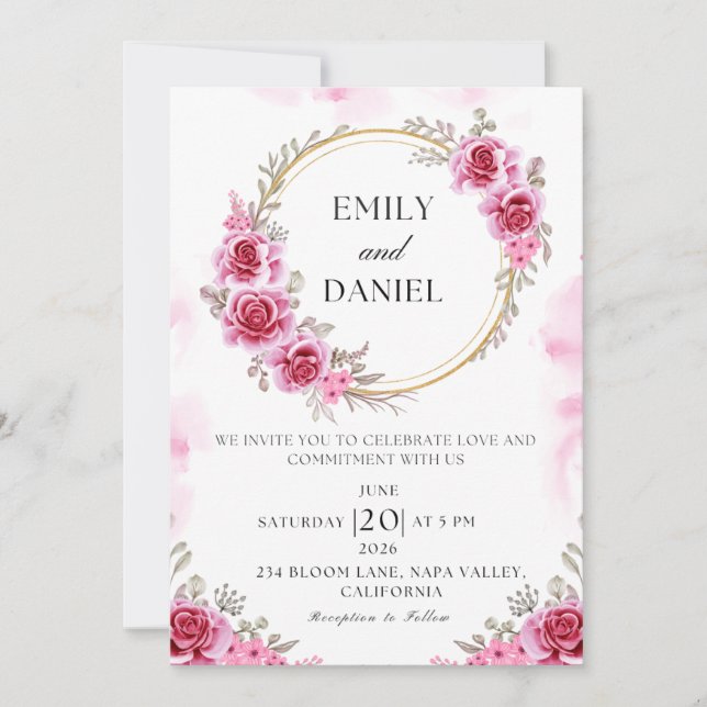 Romantic Pink Folded Wedding Invitation  (Front)
