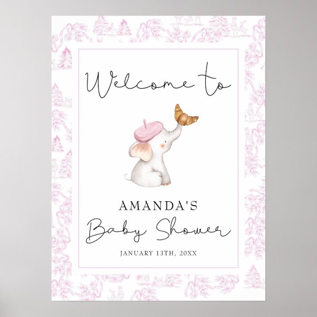 Romantic Pink French Girl Welcome Baby Shower Poster (Front)
