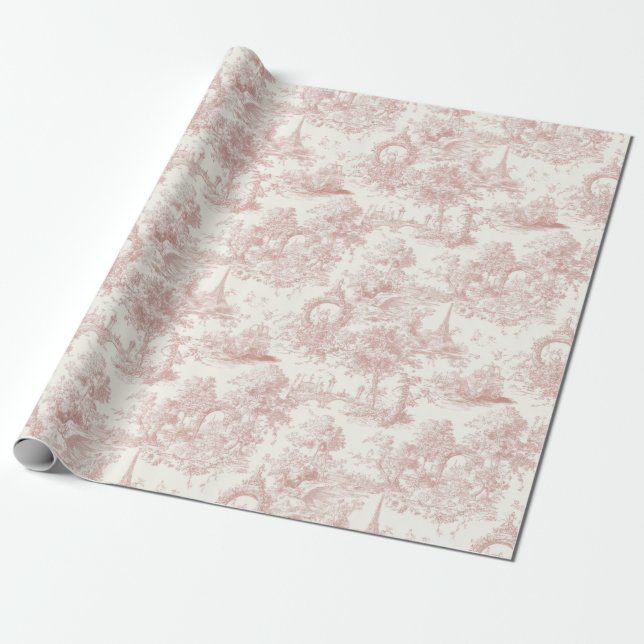 Romantic Pink French Toile Countryside Pattern (5) Wrapping Paper (Unrolled)