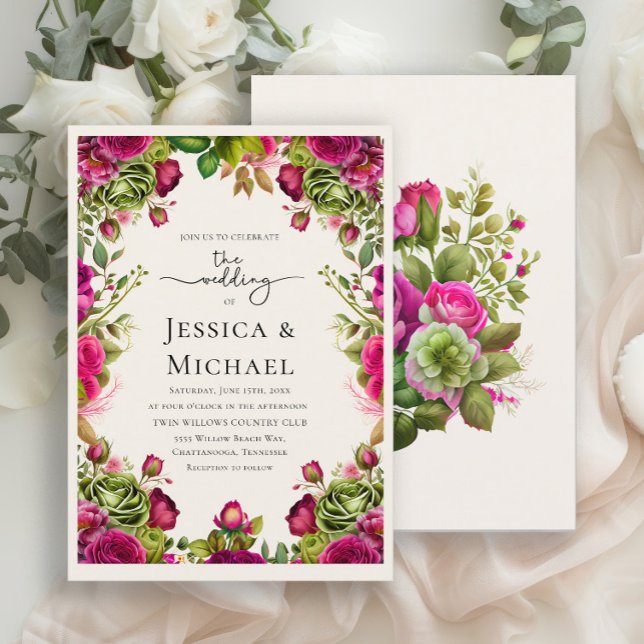Romantic Pink Green Watercolor Floral Wedding Invitation (Romantic pink and green watercolor flowers wedding invitation)