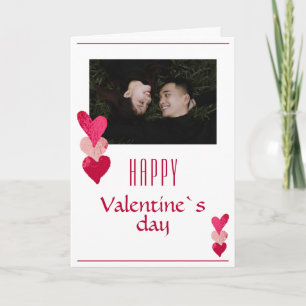 Romantic Pink Heart Couple Photo Valentine`s Day Holiday Card