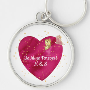 Romantic Pink Heart & Gold Butterfly Key Ring
