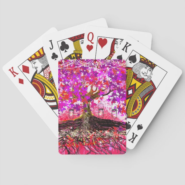 Romantic Pink Heart Leaf Tree Wedding Playing Cards (Back)