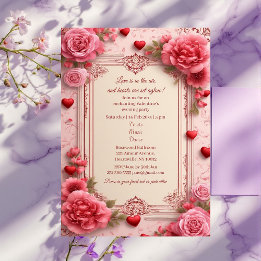 Romantic Pink Heart Motifs Valentine Party Floral Invitation