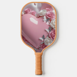 Romantic Pink Heart Rose & Butterfly Elegant Pickleball Paddle