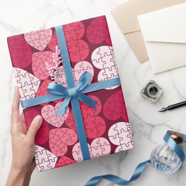 Romantic Pink Heart Shape Jigsaw Puzzle Wrapping Paper (Gifting)
