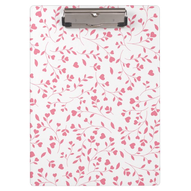 Romantic Pink Heart Vines White Pattern Clipboard (Front)