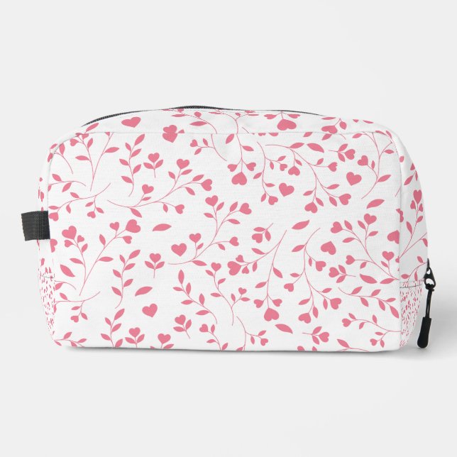 Romantic Pink Heart Vines White Pattern Dopp Kit (Front)