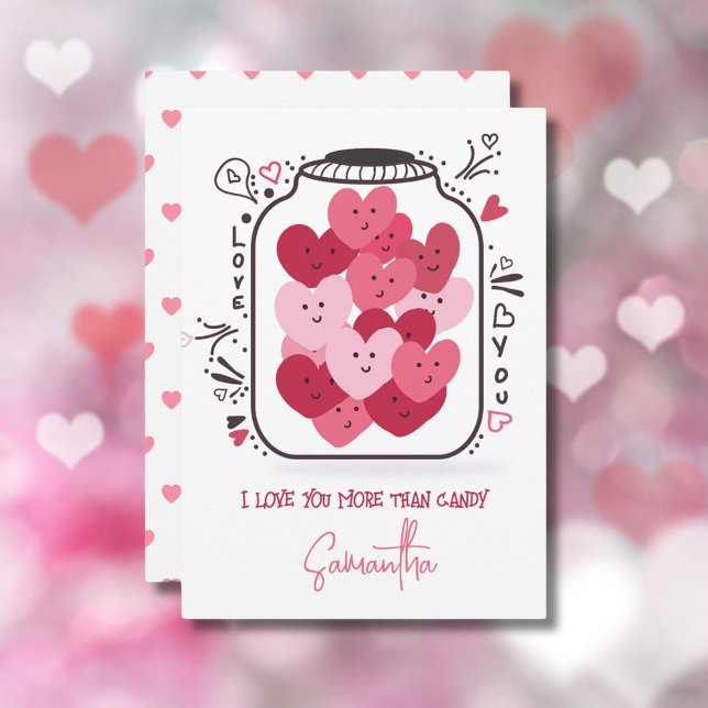 Romantic Pink Hearts Candy in Glass Jar Valentines Holiday Card (Creator Uploaded)