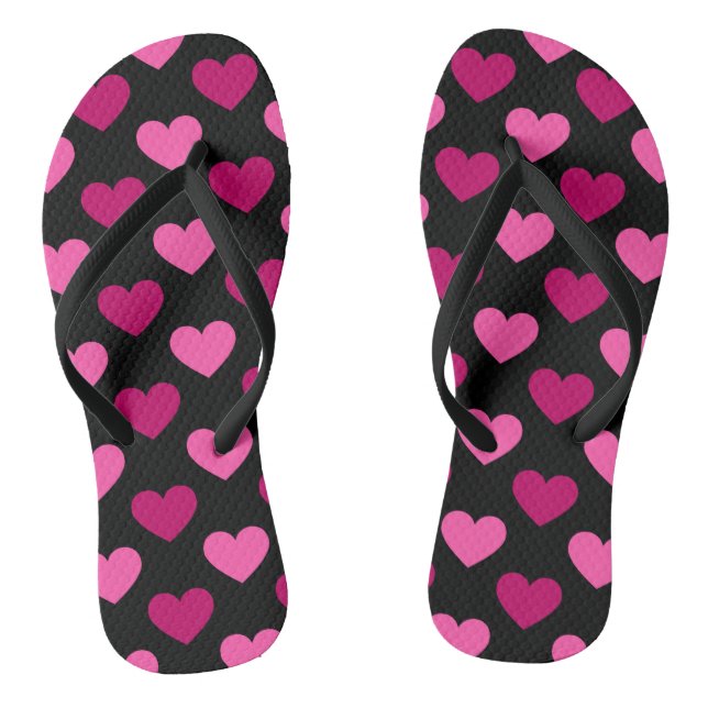 Romantic pink hearts on black pattern thongs (Footbed)