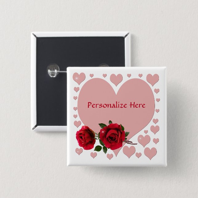 Romantic Pink Hearts & Red Roses Personalise 15 Cm Square Badge (Front & Back)