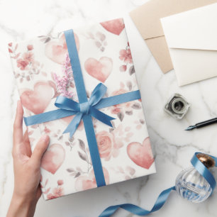 Romantic Pink Hearts Roses Floral Bridal Shower Wrapping Paper
