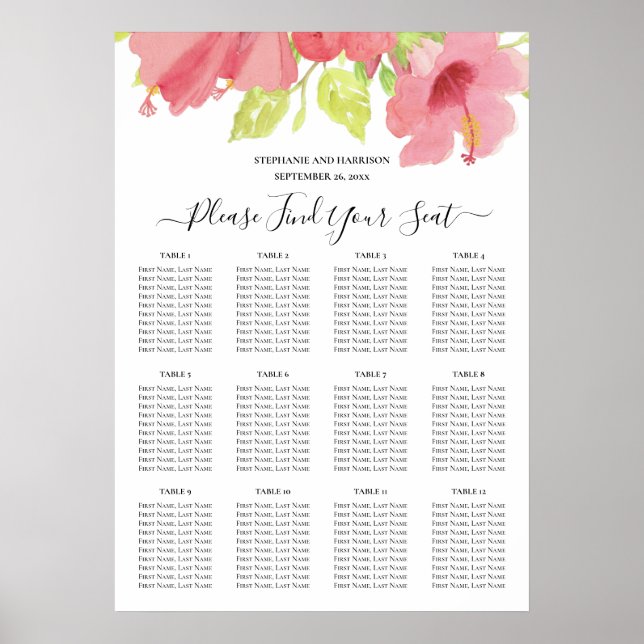 Romantic Pink Hibiscus Wedding Seating Chart (Front)