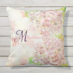 Romantic pink Hydrangea & custom monogram / text Outdoor Cushion