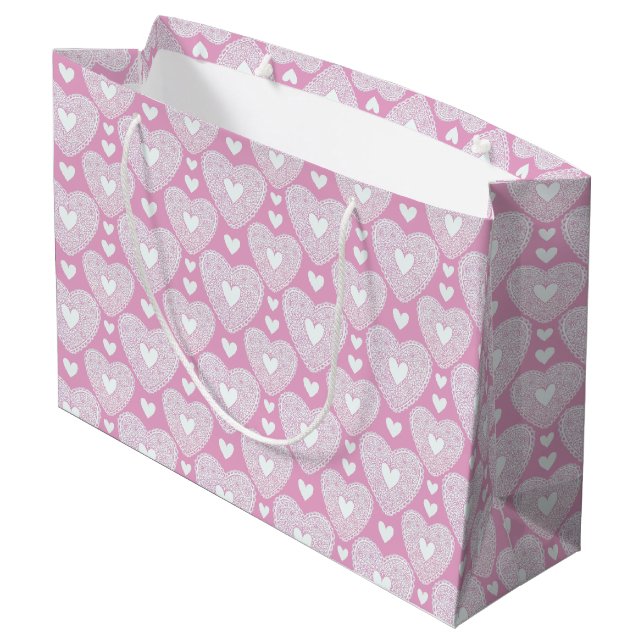 Romantic Pink Lace Heart Valentine's Day Pattern Large Gift Bag (Back Angled)