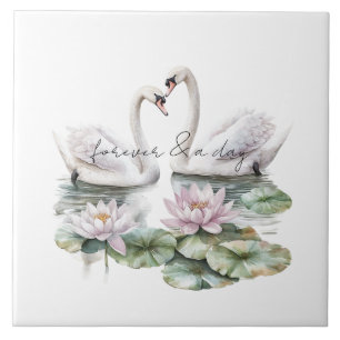 Romantic Pink Lotus Floral Swans Wedding Ceramic Tile