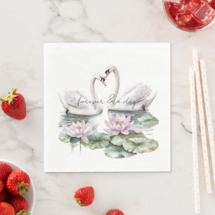 Romantic Pink Lotus Floral Swans Wedding Napkin