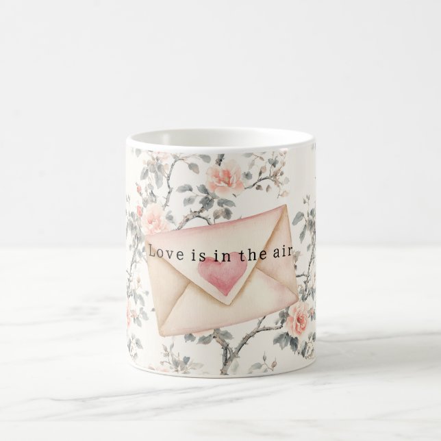 Romantic Pink Love Heart Peach Floral Valentine Coffee Mug (Center)