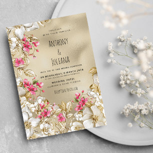 Romantic pink luxury white gold floral Wedding Invitation