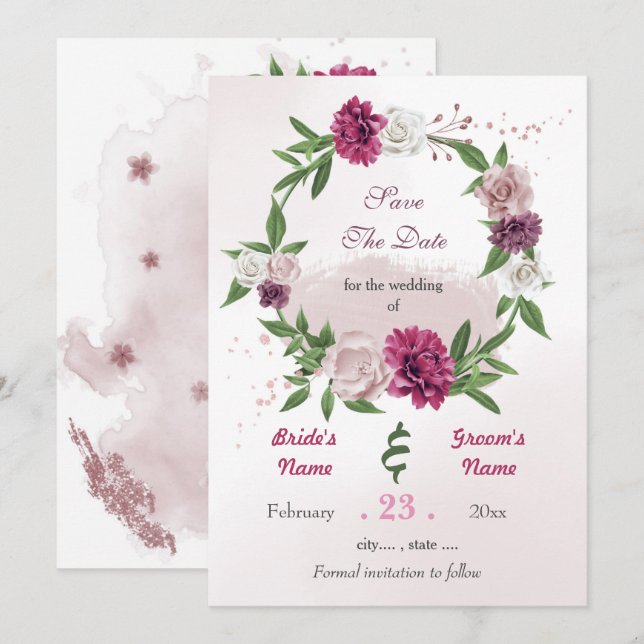 Romantic pink mauve burgundy floral wreath save the date (Front/Back)