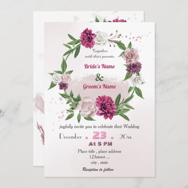 romantic pink mauve floral wreath wedding invitation (Front/Back)