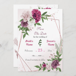 Romantic pink mauve white flowers geometric save the date